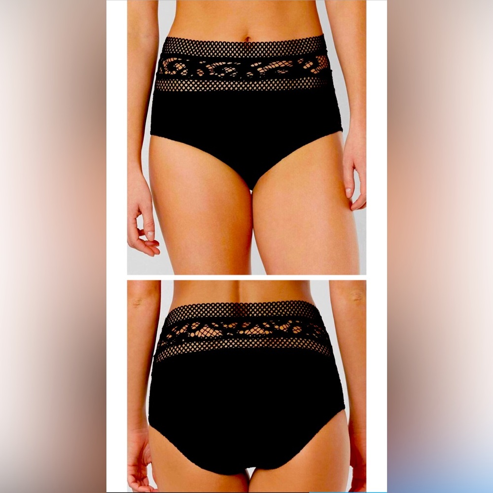 BECCA Vintage Lace Crochet High-Waisted Swimwear Bottom Bikini Black large NWT